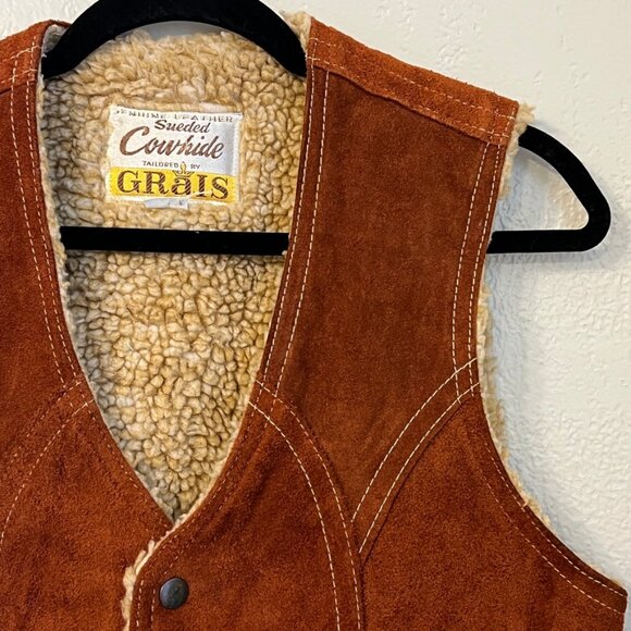 Vintage Grais 70s Sueded Shearling Style Western Leather Vest Small - Picture 3 of 15